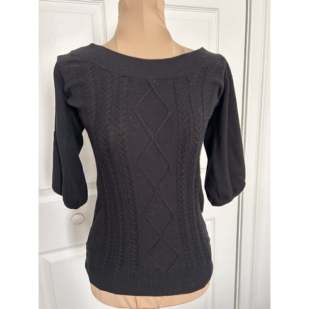 David Bitton BUFFALO Black Short Puff Sleeve Boat Neck Cable Front Sweater Top S